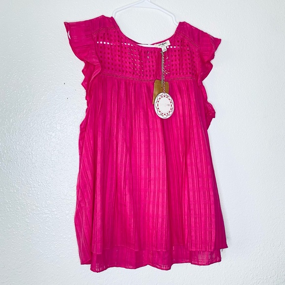 Umgee NEW Pink Lattice Plaid Flutter Sleeve Boho Flare Top Small - Picture 1 of 8